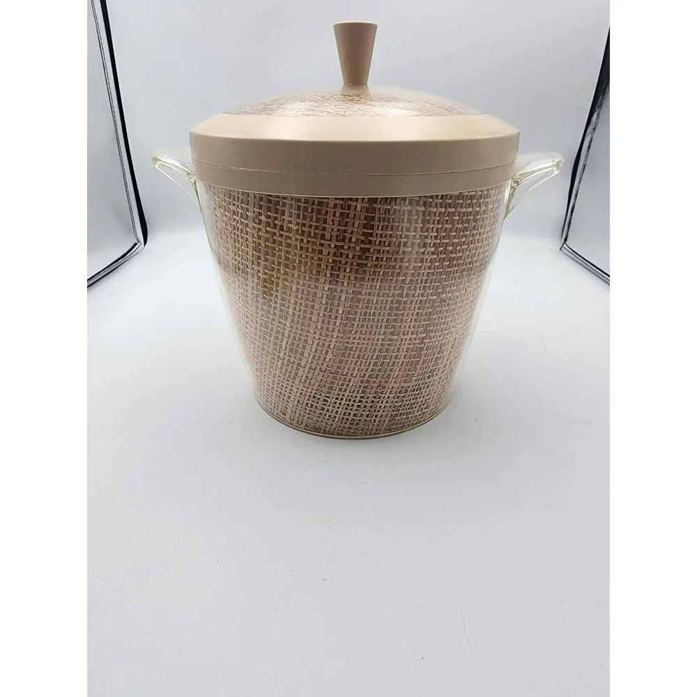 Vintage Mid Century Modern Insulated Ice Bucket Burlap Woven‎ Texture Tan Lid